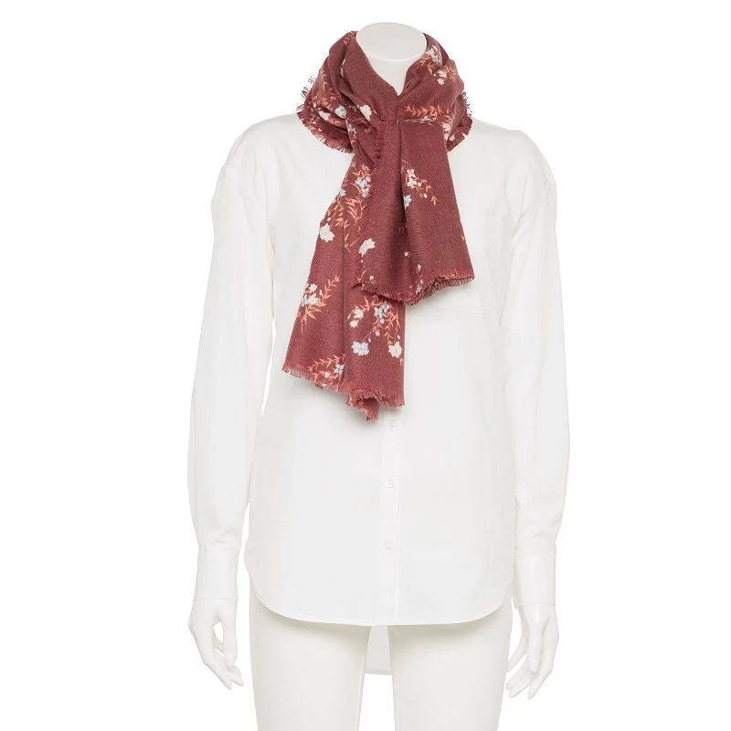 LC Lauren Conrad Women's Dark Red Oversized Floral Scarf | Image