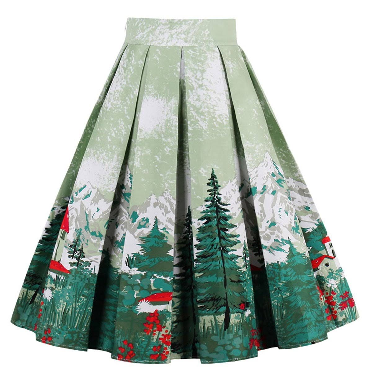 Vintage Printed Pleated Flared Midi Skirt for Women | Image