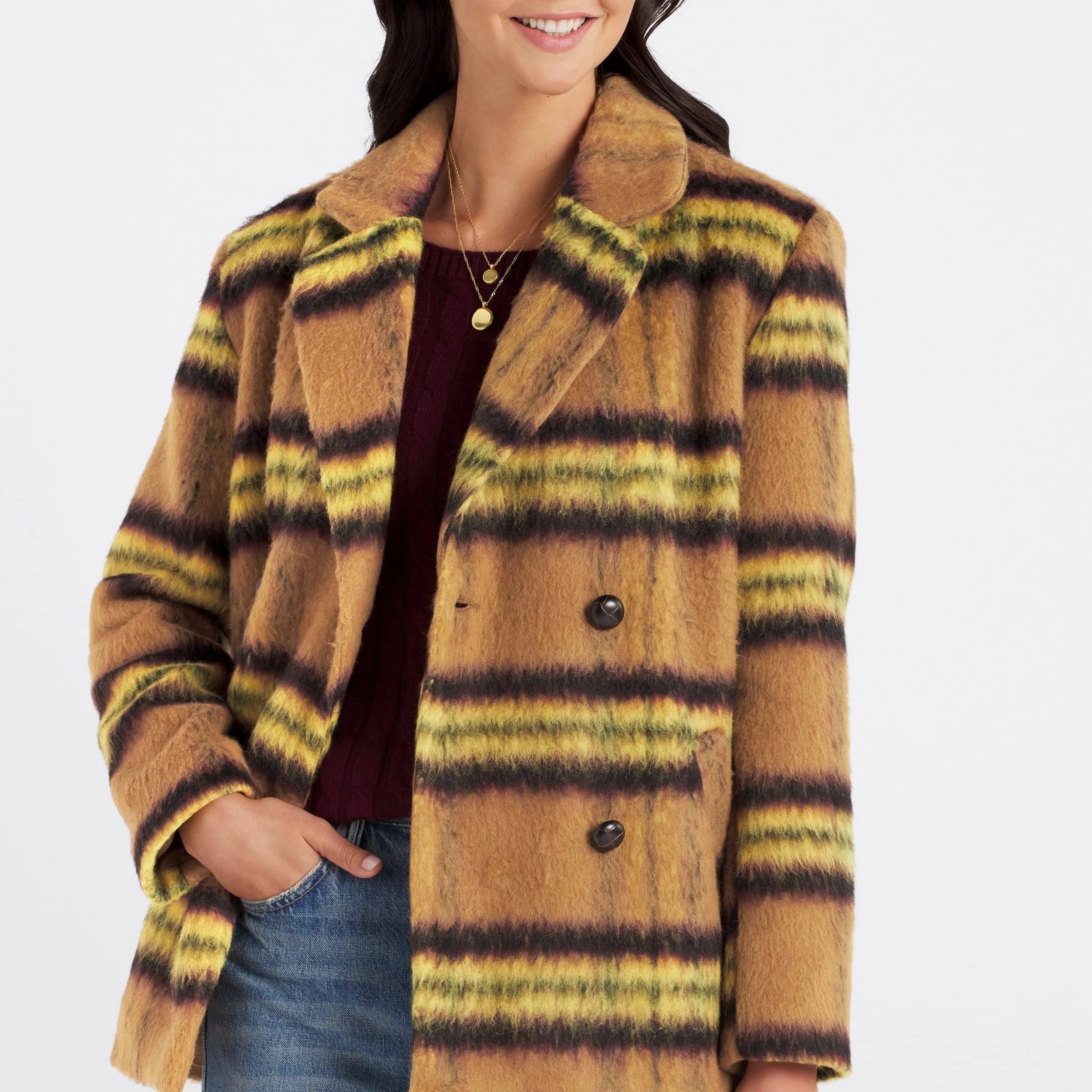 Chic Lemon Plaid Peacoat for Women | Image