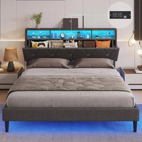 dictac-upholstered-platform-bed-frame-with-charging-station-and-led-bookcase-headboard-queen-size-da-1