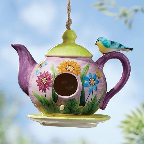 Hand-Painted Resin Birdhouse with Teapot Design in Green | Image