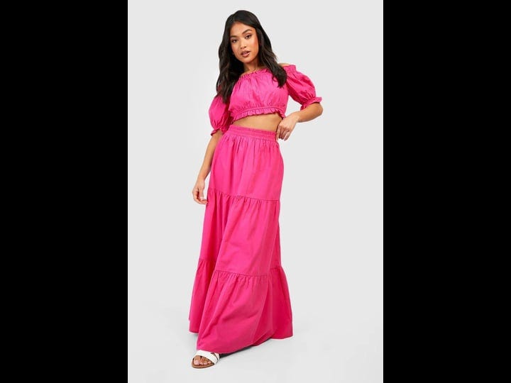 boohoo-womens-petite-cotton-off-the-shoulder-top-tiered-maxi-skirt-two-piece-pink-1