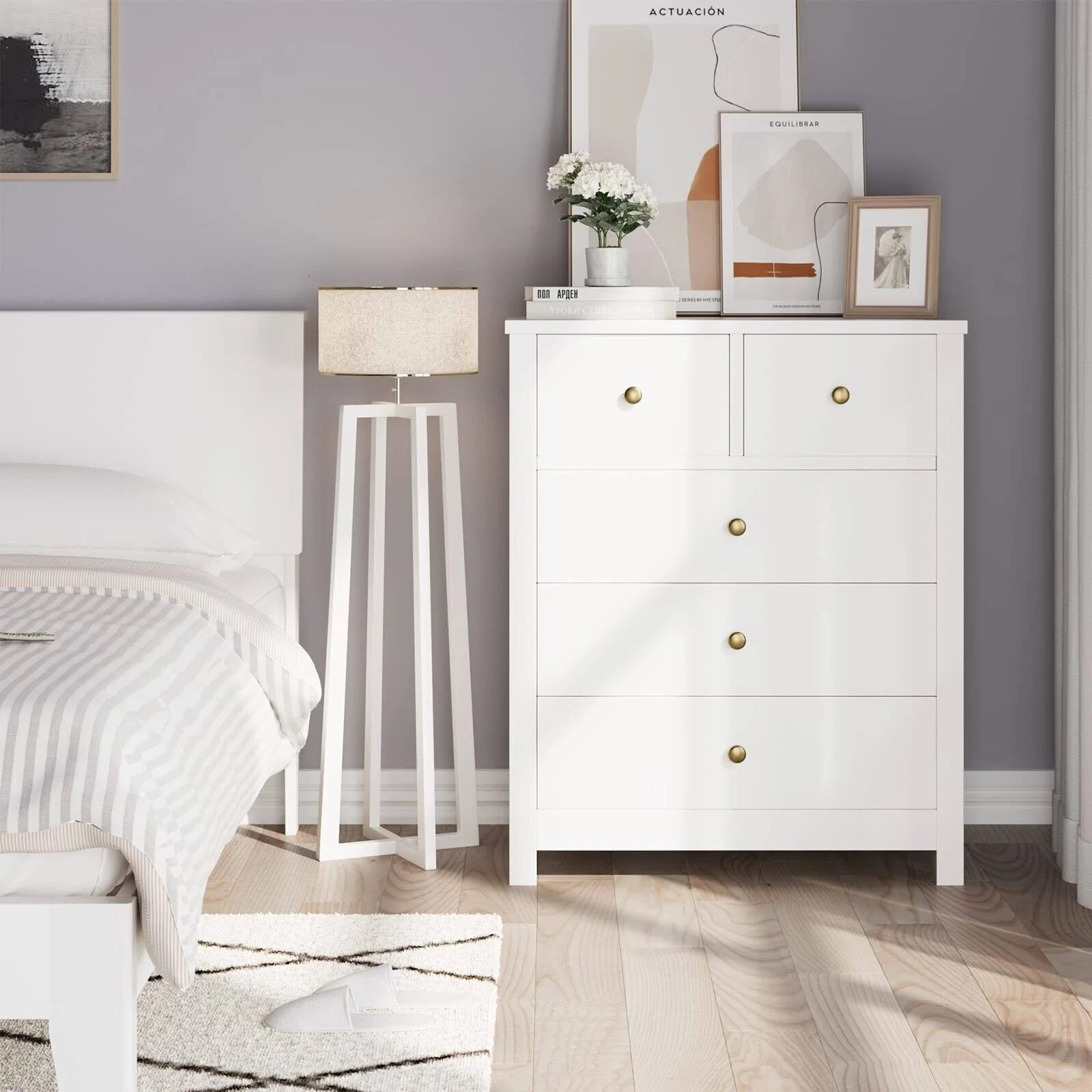 Stylish 5-Drawer White Dresser for Bedroom Storage | Image