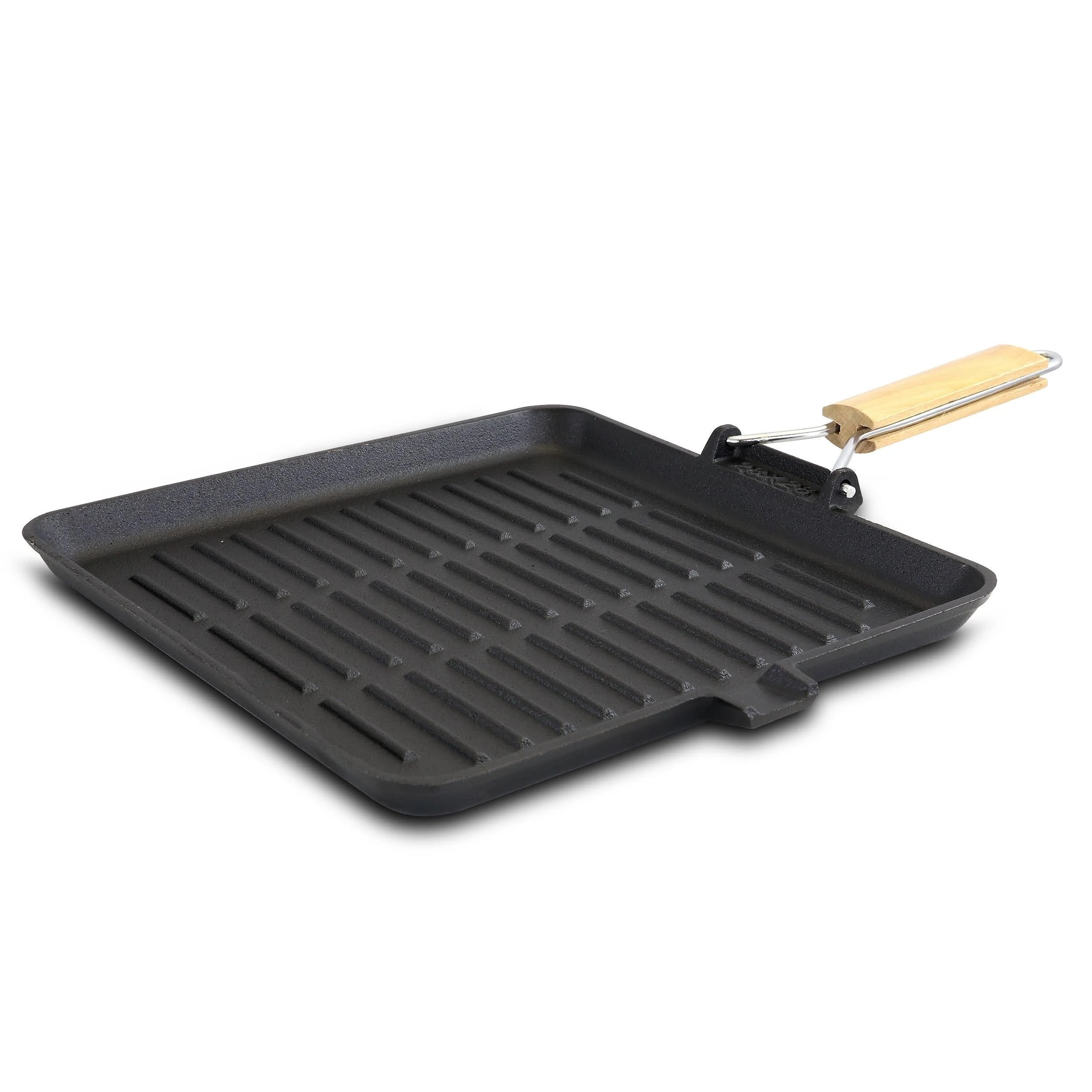 Premium Cast Iron Grill Pan with Foldable Wood Handle | Image