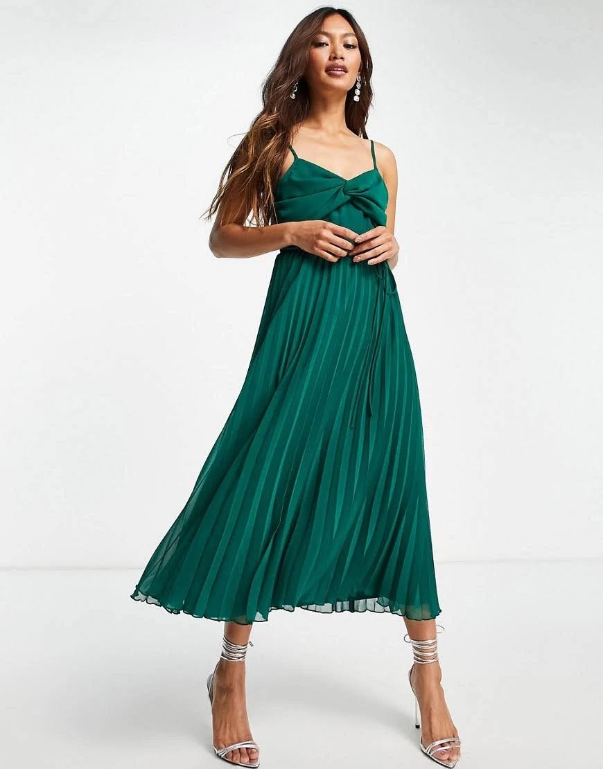 Dark Green Pleated Midi Dress with Twist Front Detail | Image