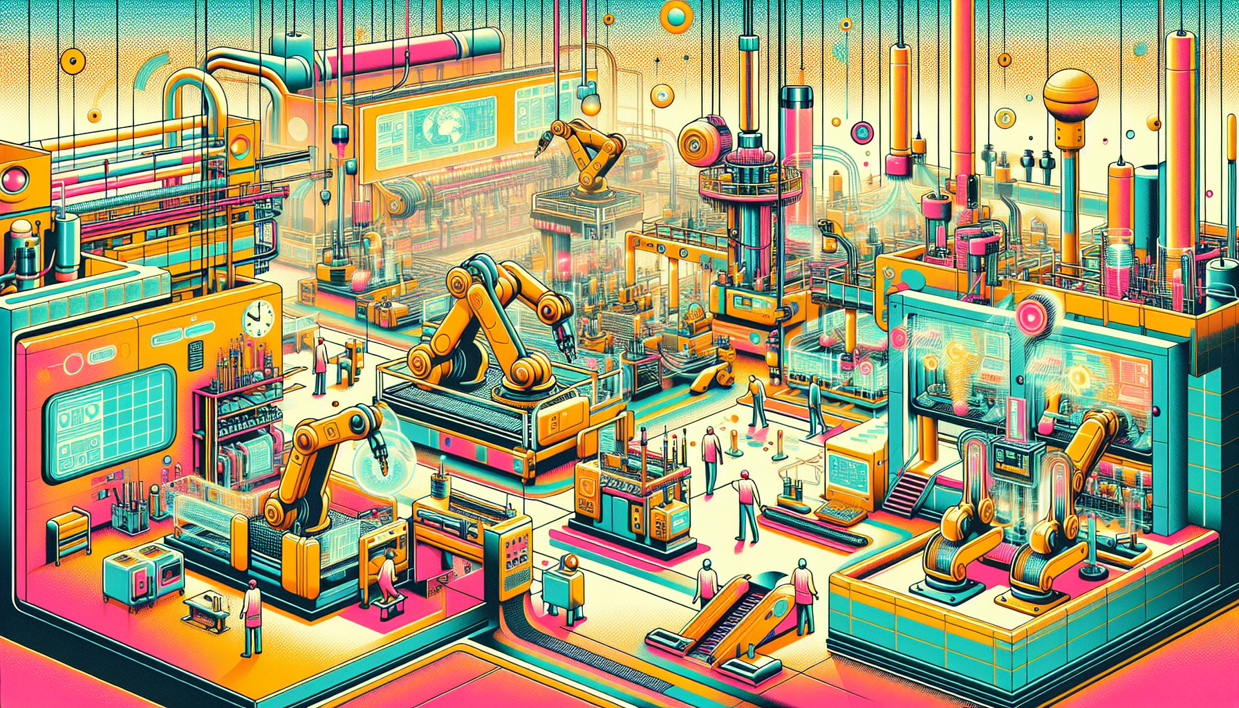 A futuristic manufacturing plant filled with advanced robots and AI-powered machines working seamlessly together, producing various high-tech products with precision. The scene is vibrant with high-tech equipment like robotic arms, automated conveyor belts, and augmented reality interfaces, showcasing a blend of human oversight and cutting-edge technology. The atmosphere is bright and modern, representing the innovative and efficient future of manufacturing.