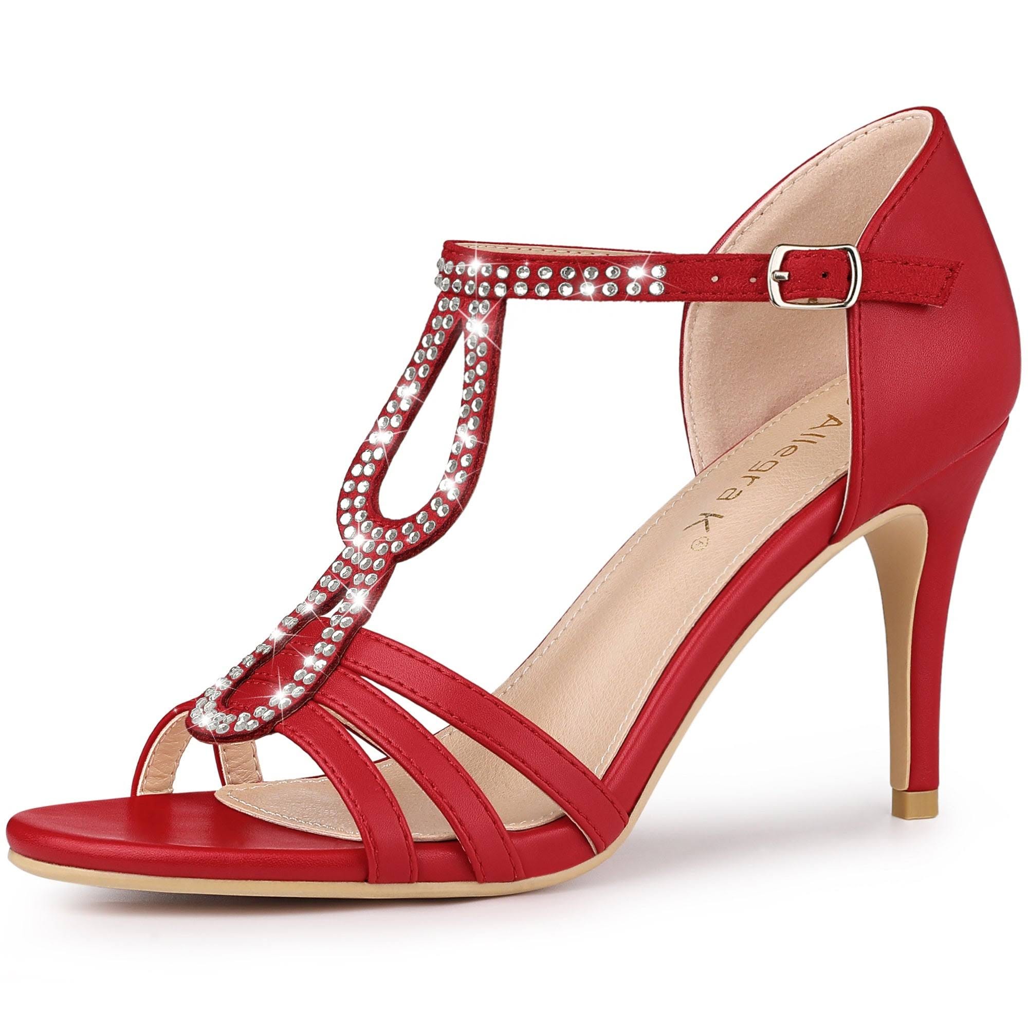Classic Red Rhinestone Ankle Strap Stiletto Heels Sandals | Image