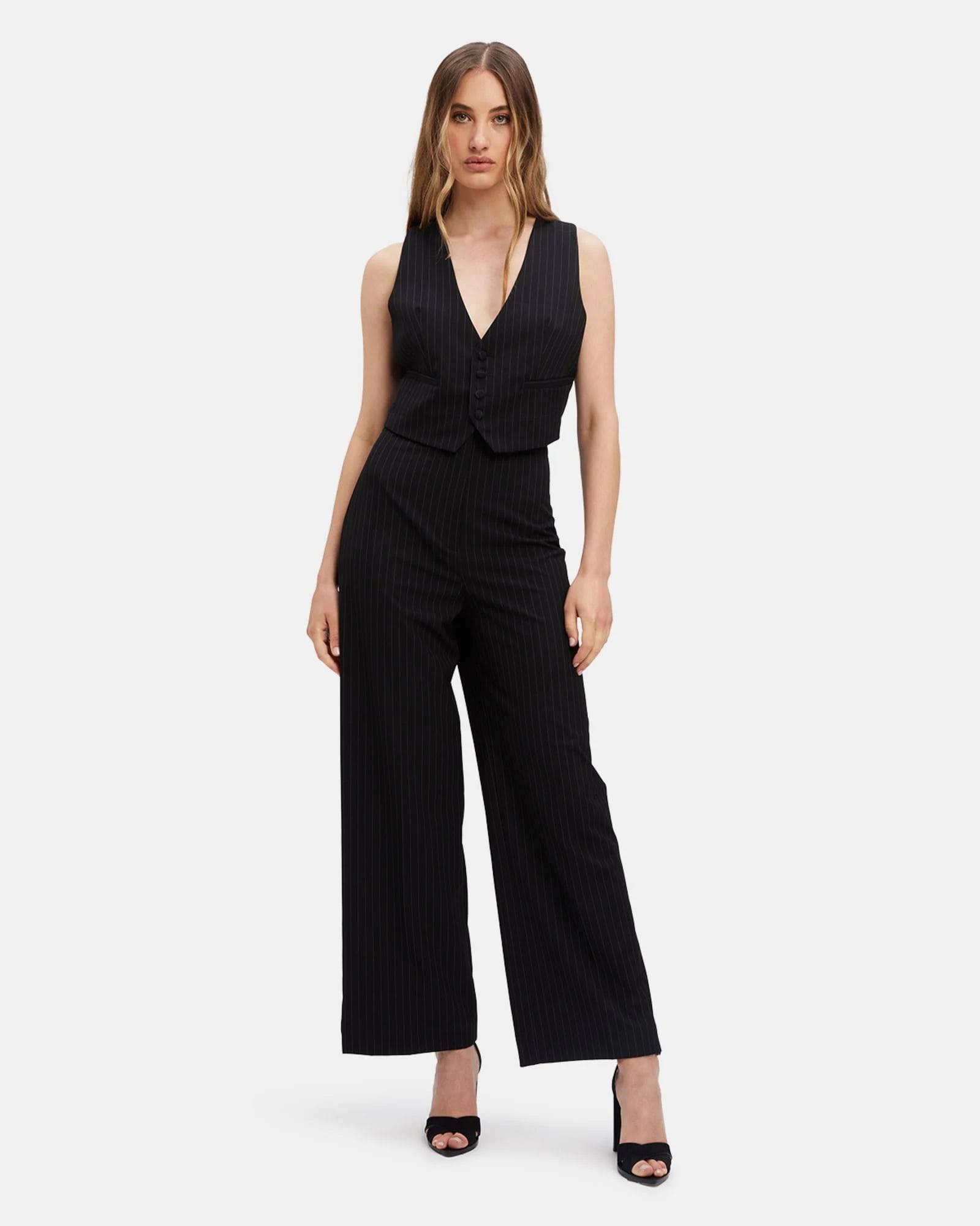 Wide Leg Pinstripe Pants in Black/White: Power Suiting with a Contemporary Touch | Image