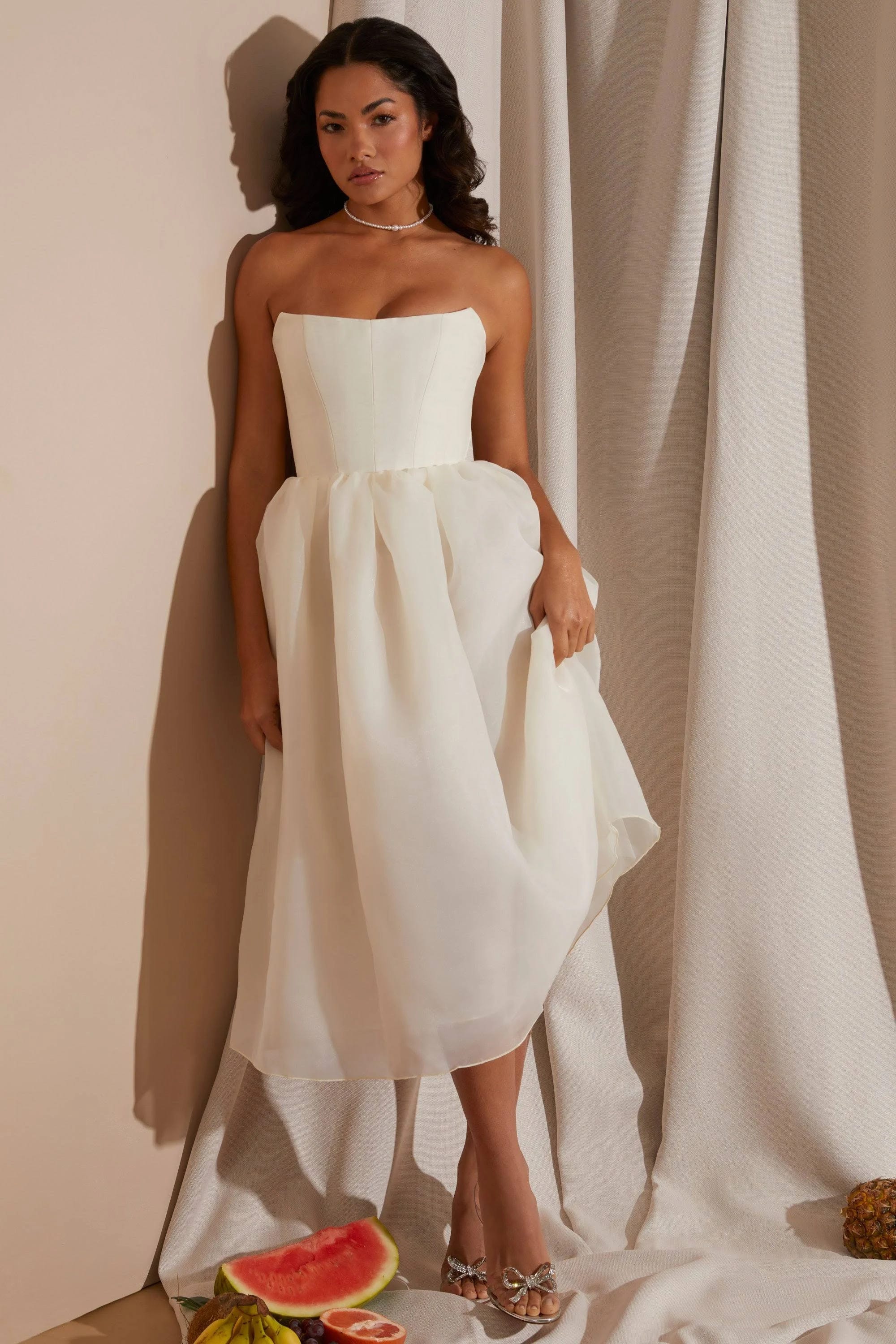 Luxurious Corset Top Midi Dress with Tulle Skirt | Image