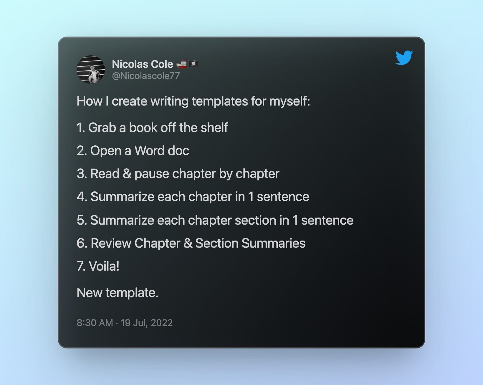 Nicolas Cole’s new template for taking notes while writing.