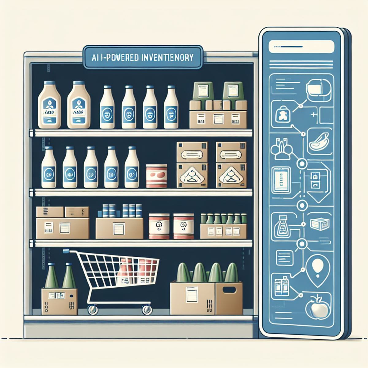 A high-tech grocery store shelf with AI-powered inventory management system displaying symbols indicating sensor and digital tag tracking.