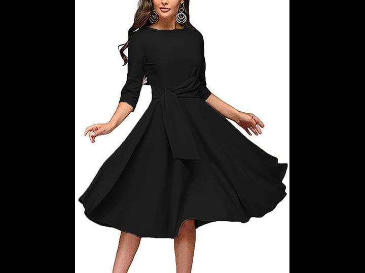 fenjar-womens-elegance-audrey-hepburn-style-ruched-3-4-sleeve-midi-a-line-dress-black-medium-1