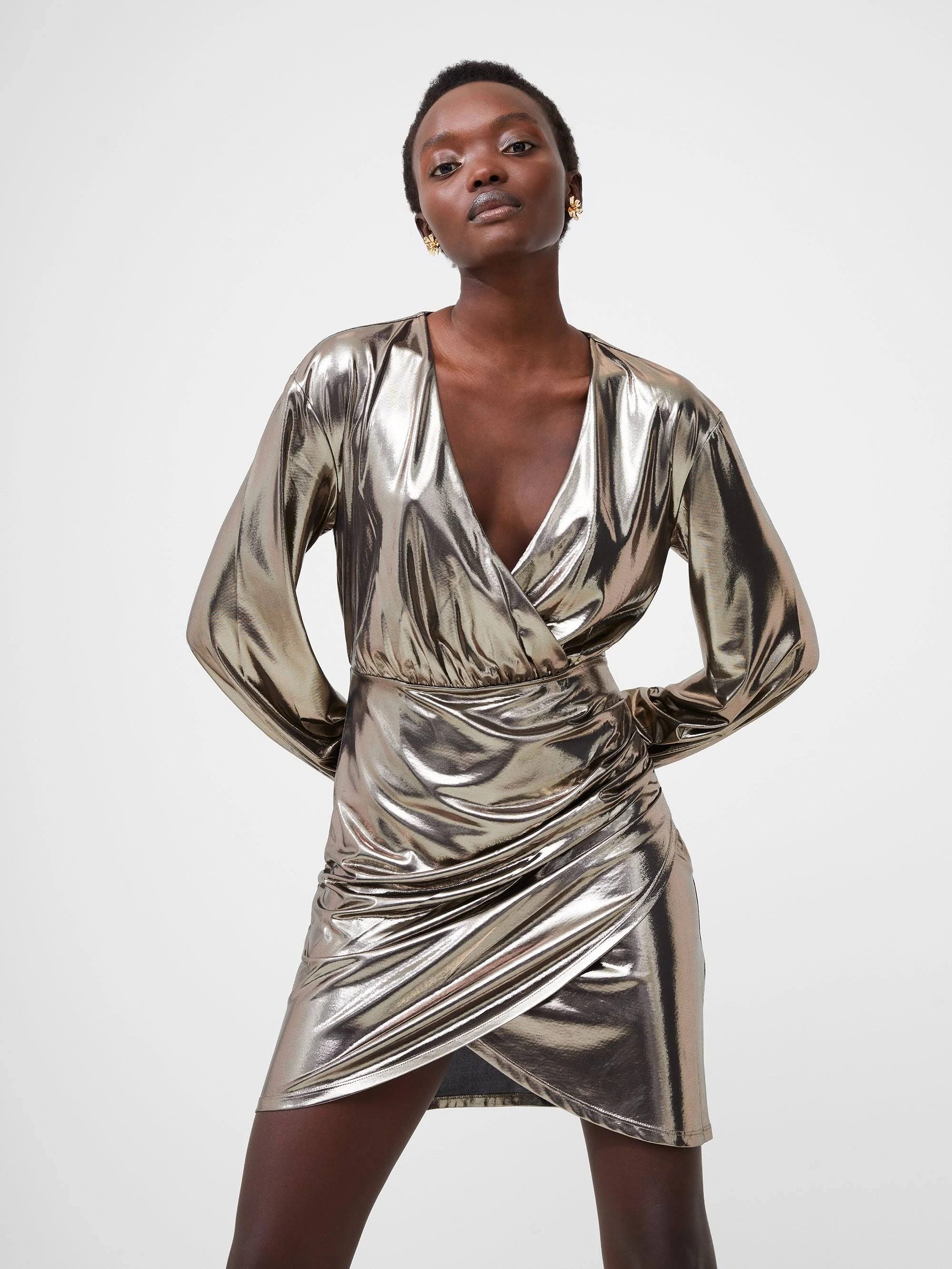 Shimmering Silver Chrome Long Sleeve Minidress for Women | Image