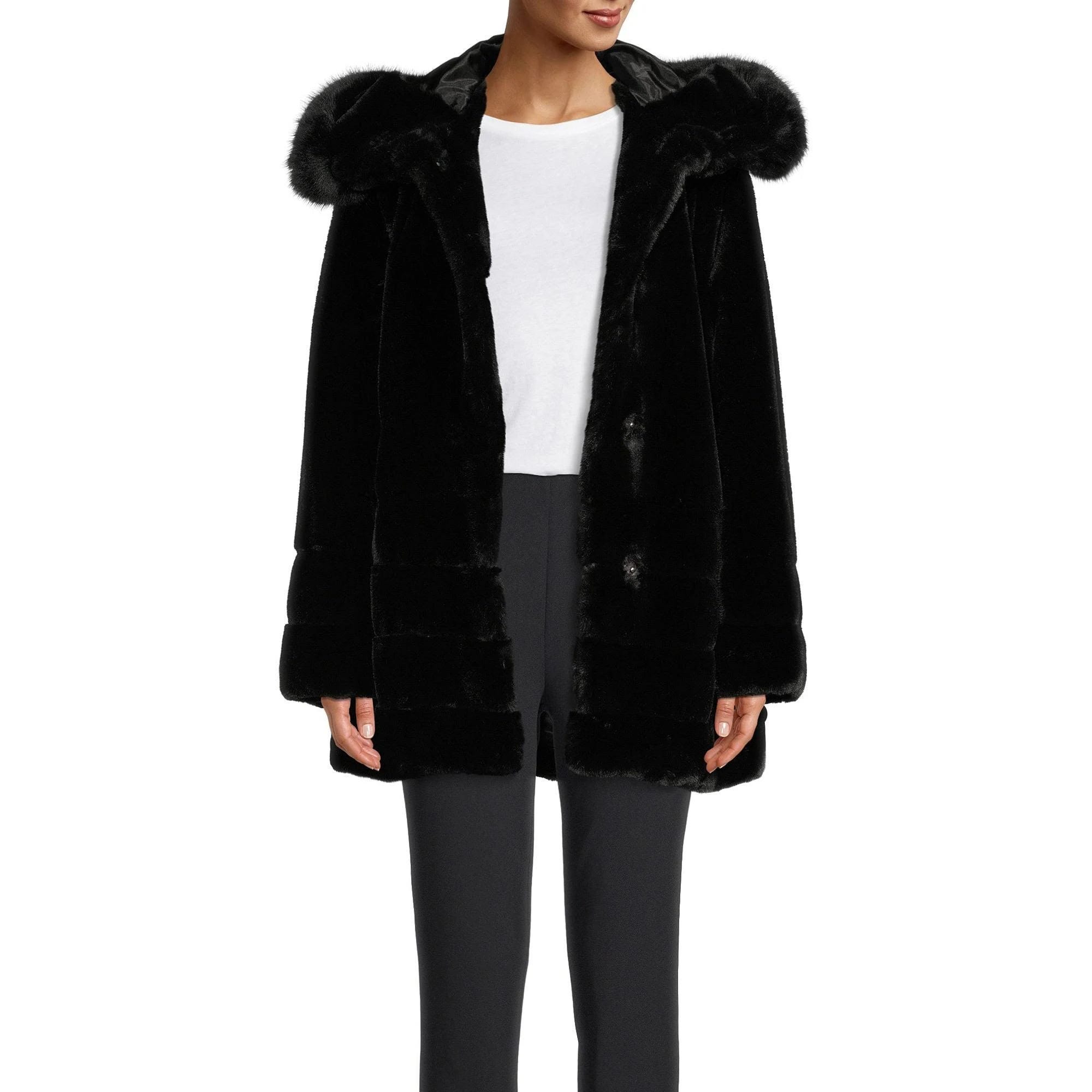 Luxurious Hooded Faux Fur Coat in Black XX-Large | Image