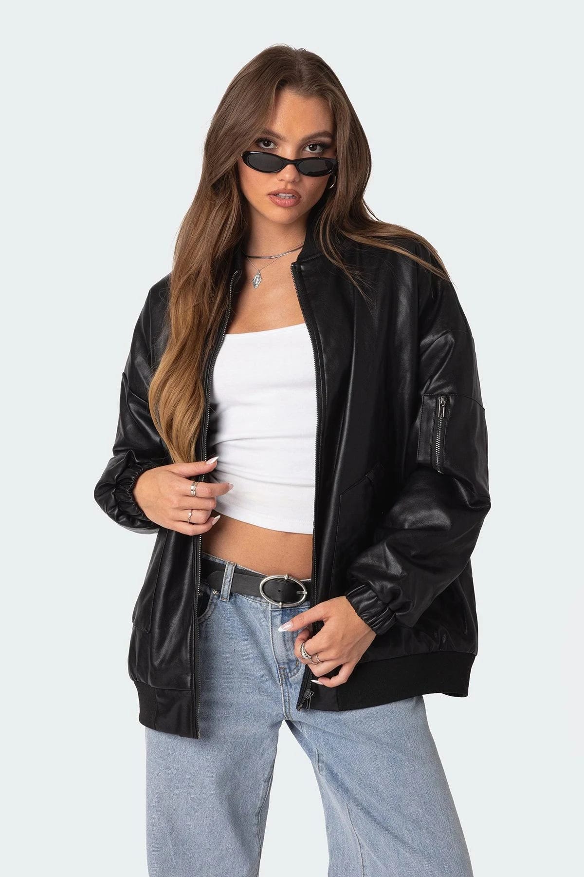 Stylish Faux Leather Oversized Bomber Jacket - Black - Size XL | Image