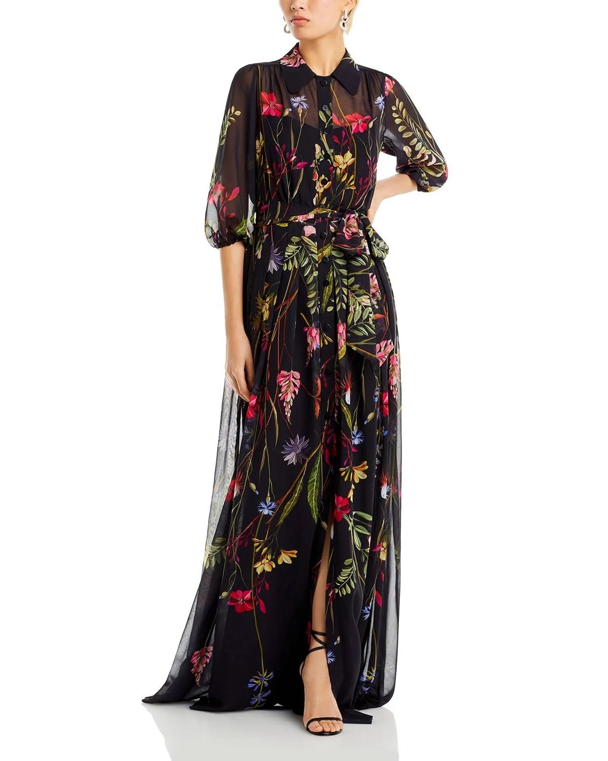 Elegant Black Puff-Sleeve Chiffon Maxi Dress for Flowy Fits | Image