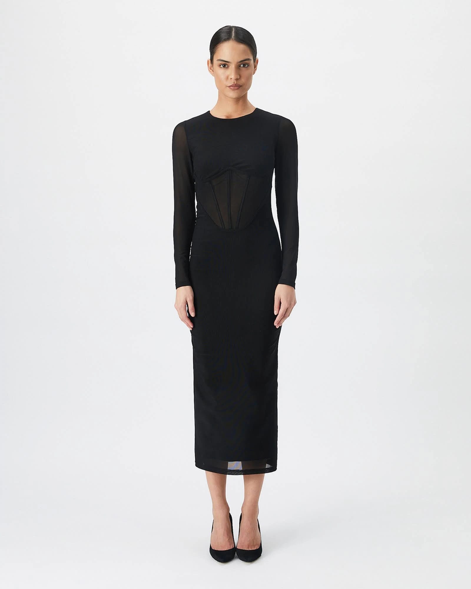 Black Corset Long Sleeve Midi Dress: Flattering and Versatile Style | Image