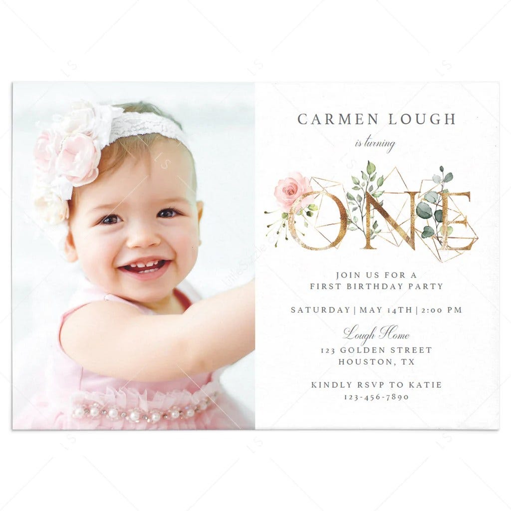 Girl Floral One First Birthday Invitation Editable Template with Photo LittleSizzle
