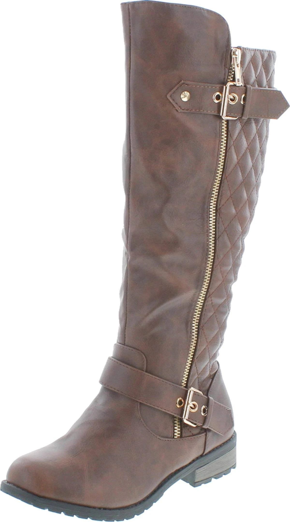 Forever Mango - Women's Flat Knee High Leather Boots in Brown | Image