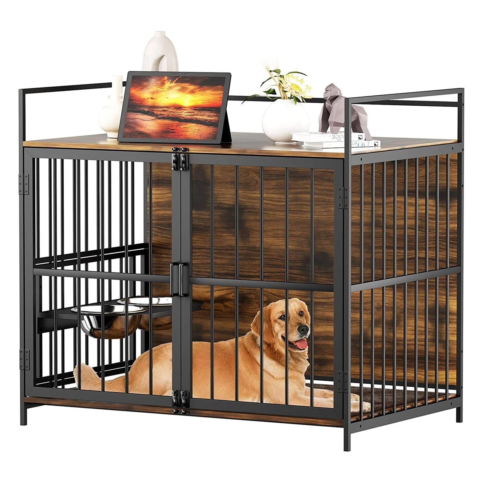 Large Furniture-Style Dog Crate for Large Breeds with 360° Raised Feeder and Adjustable Sizes | Image