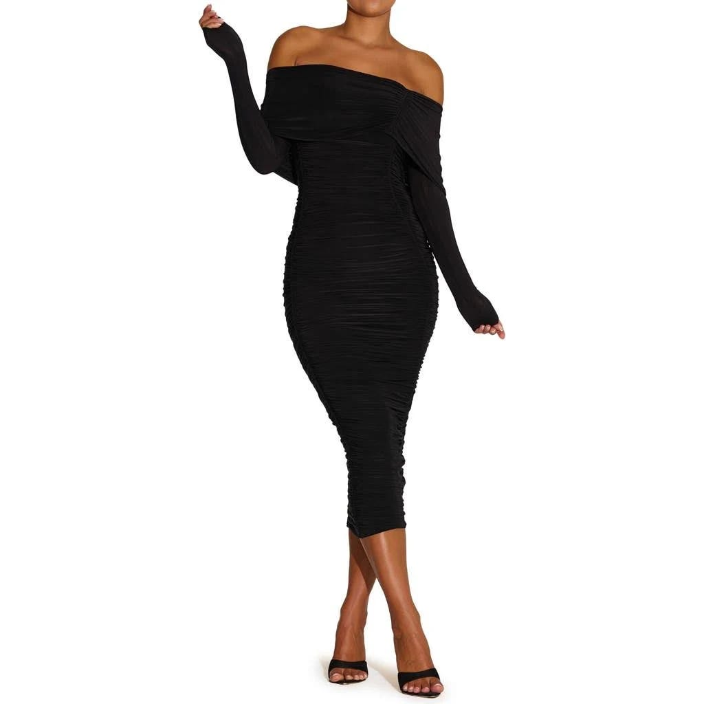 Black Ruched Midi Dress with Off-the-Shoulder Neckline | Image