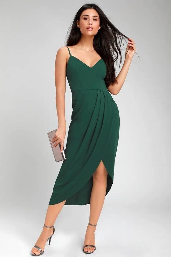 Elegant High-Low Hem Green Midi Women's Dress | Image