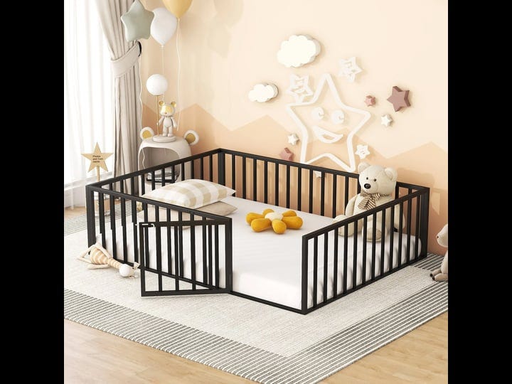 queen-size-metal-floor-bed-frame-with-fence-and-door-black-modernluxe-1