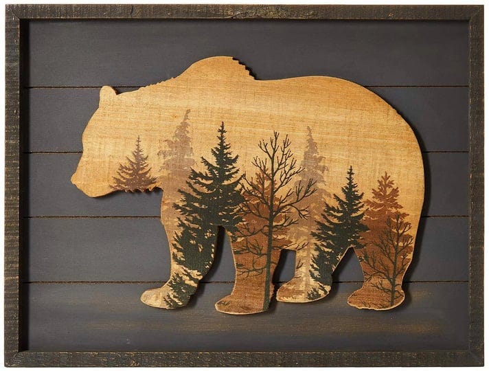 nikky-home-cute-bear-in-the-forest-decorative-wood-framed-wall-art-prints-cabin-decorgray-1