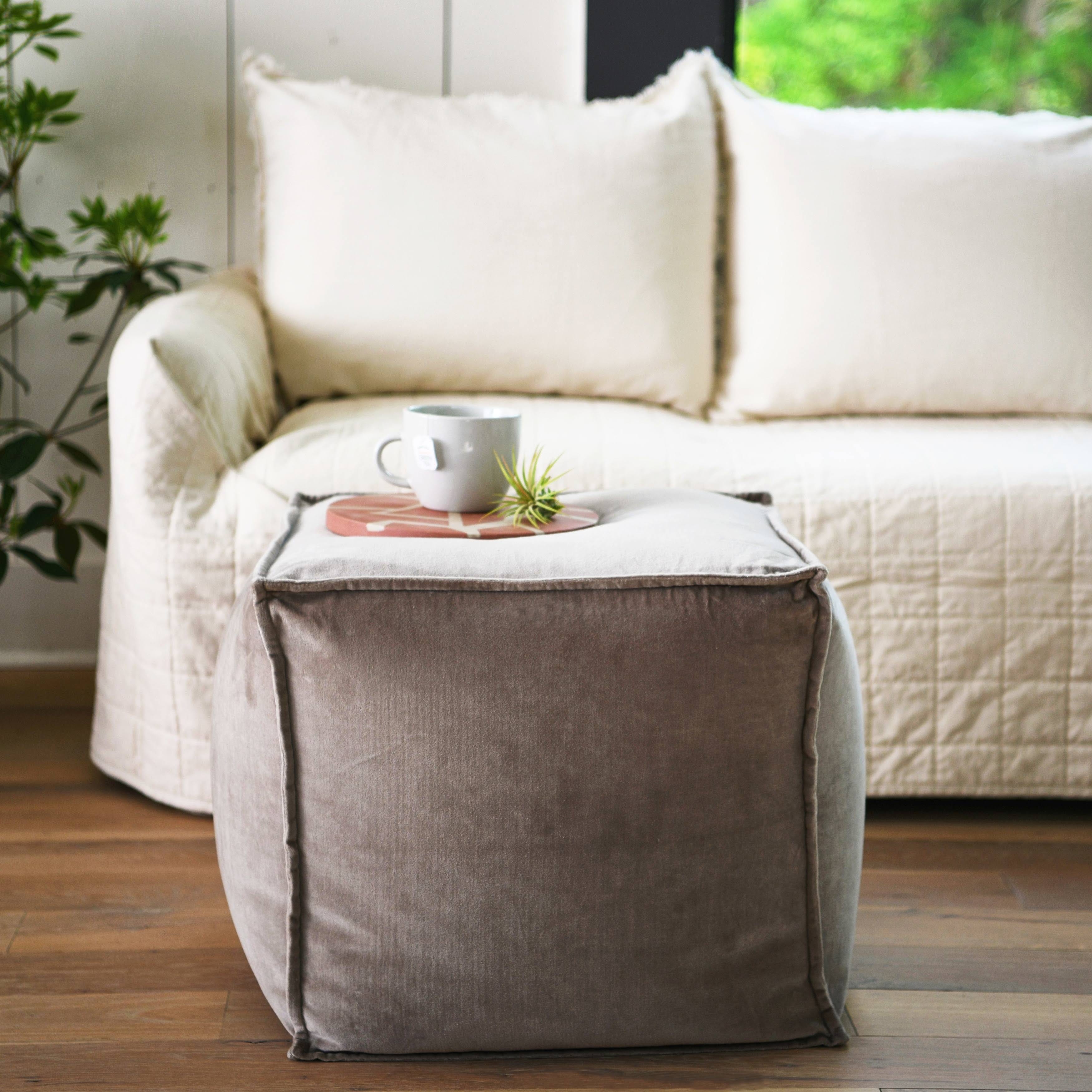 Cotton Velvet Square Pouf Ottoman with Polystyrene Beans | Image