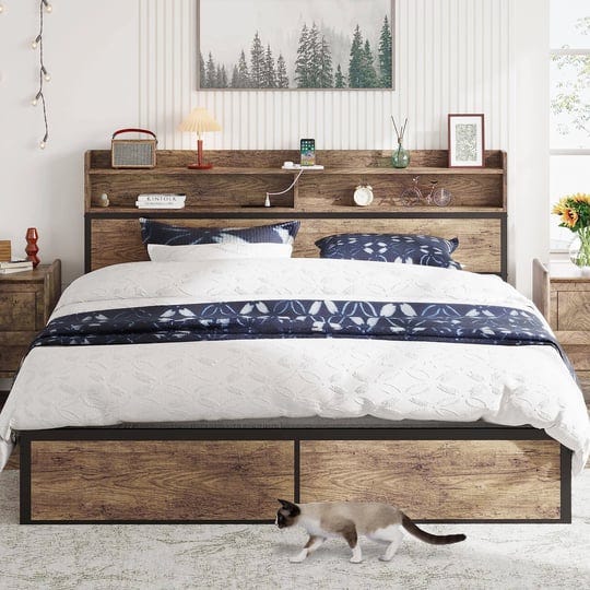 ironck-queen-bed-frame-with-bookcase-headboard-and-charging-station-metal-platform-bed-sturdy-and-no-1