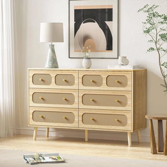 hourom-rattan-dresser-for-bedroom-modern-6-drawer-double-dresser-with-gold-handles-wood-storage-ches-1