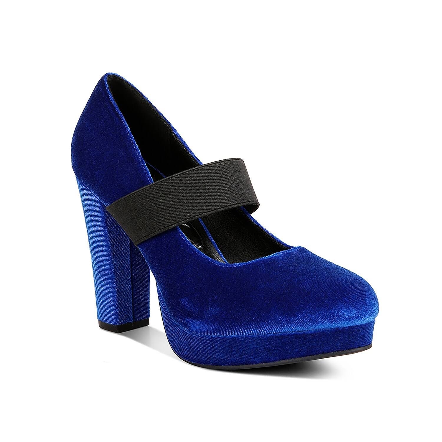 Velvet Navy Heels with High Block Heels and Comfortable Insoles | Image