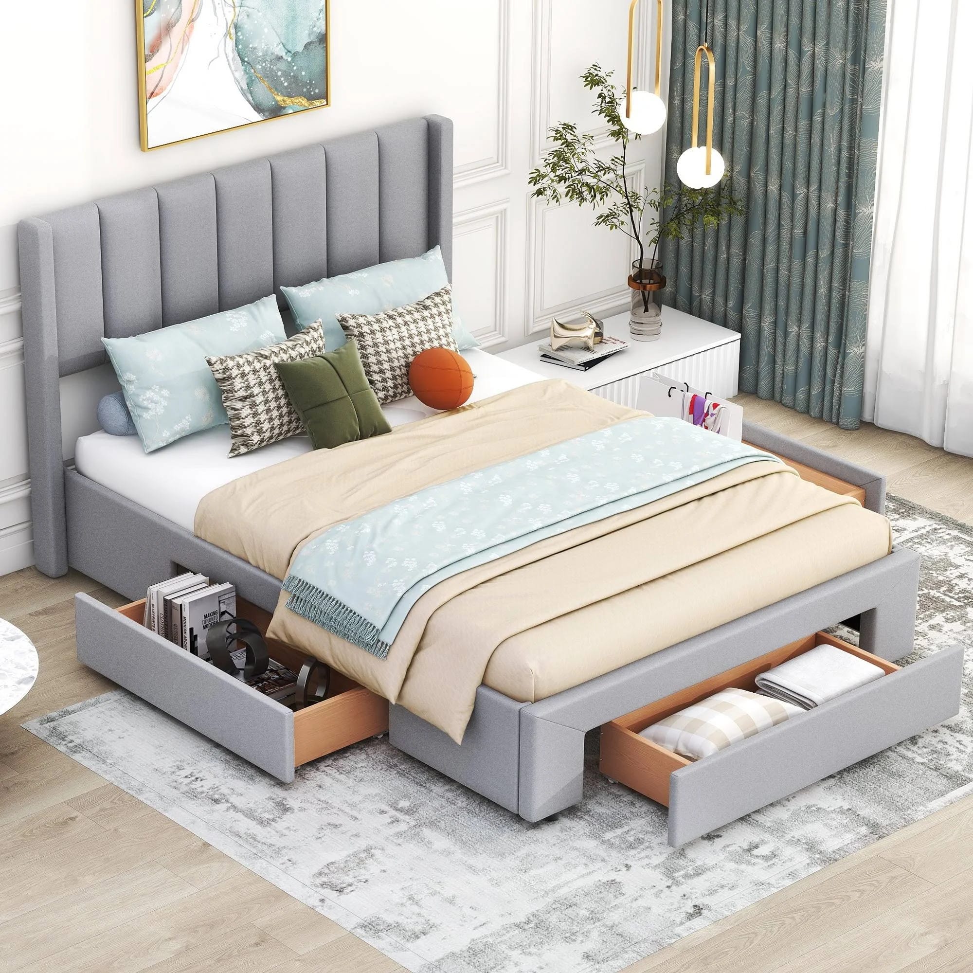 Euroco Full Double Platform Bed with Three Storage Drawers - Gray | Image