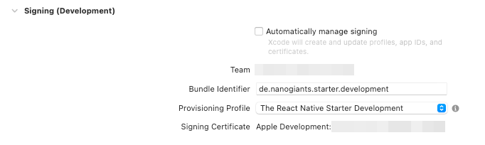 A screenshot from Xcode that shows the signing for a development environment