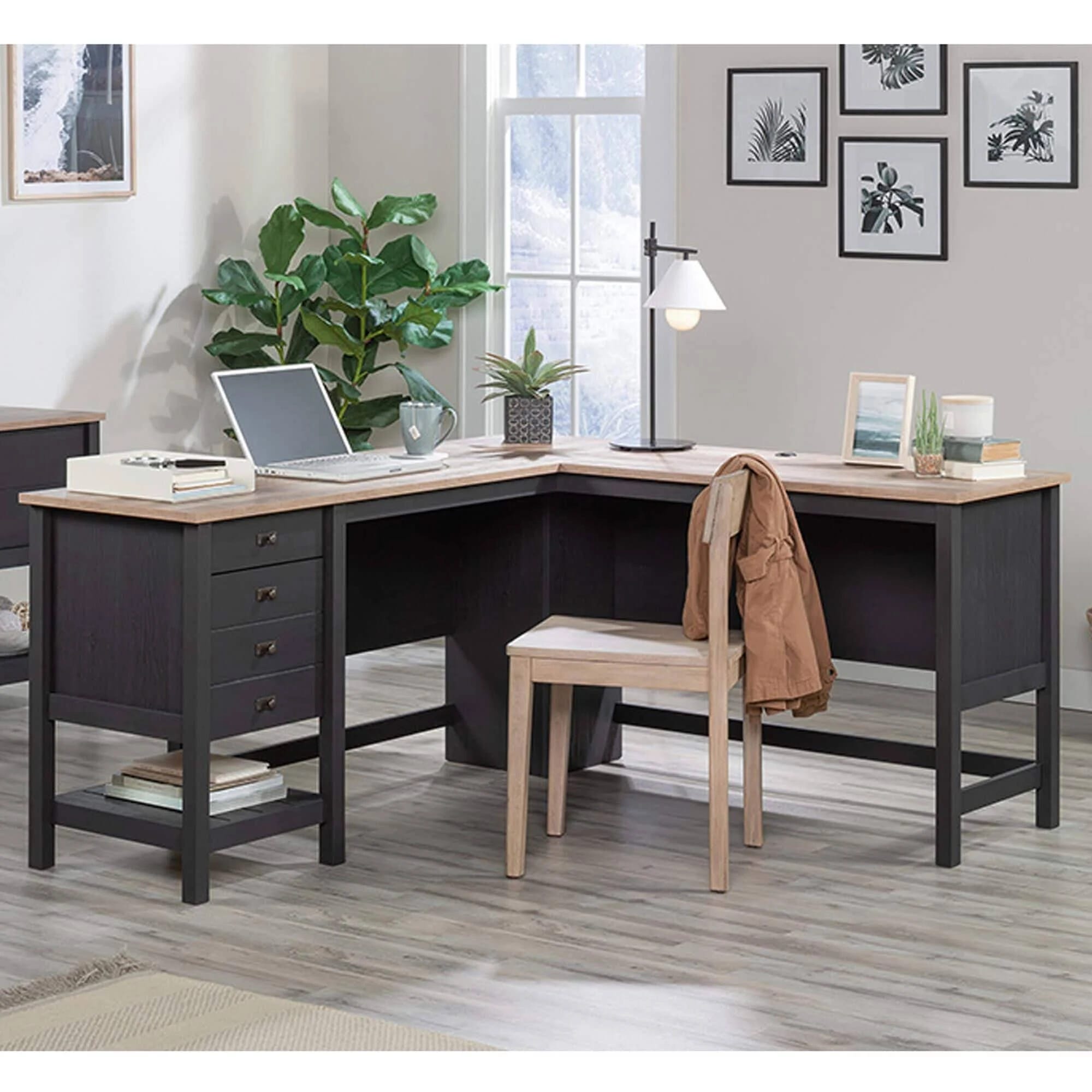 Raven Oak L-Shaped Desk with Drawers and Shelves for Home Workspace | Image