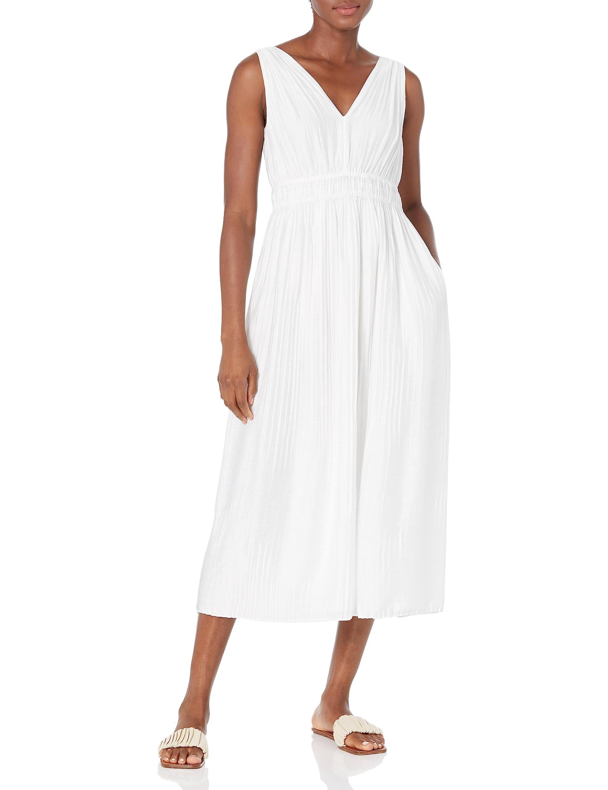 Elegant White Vince V-Neck Pleated Midi Dress | Image