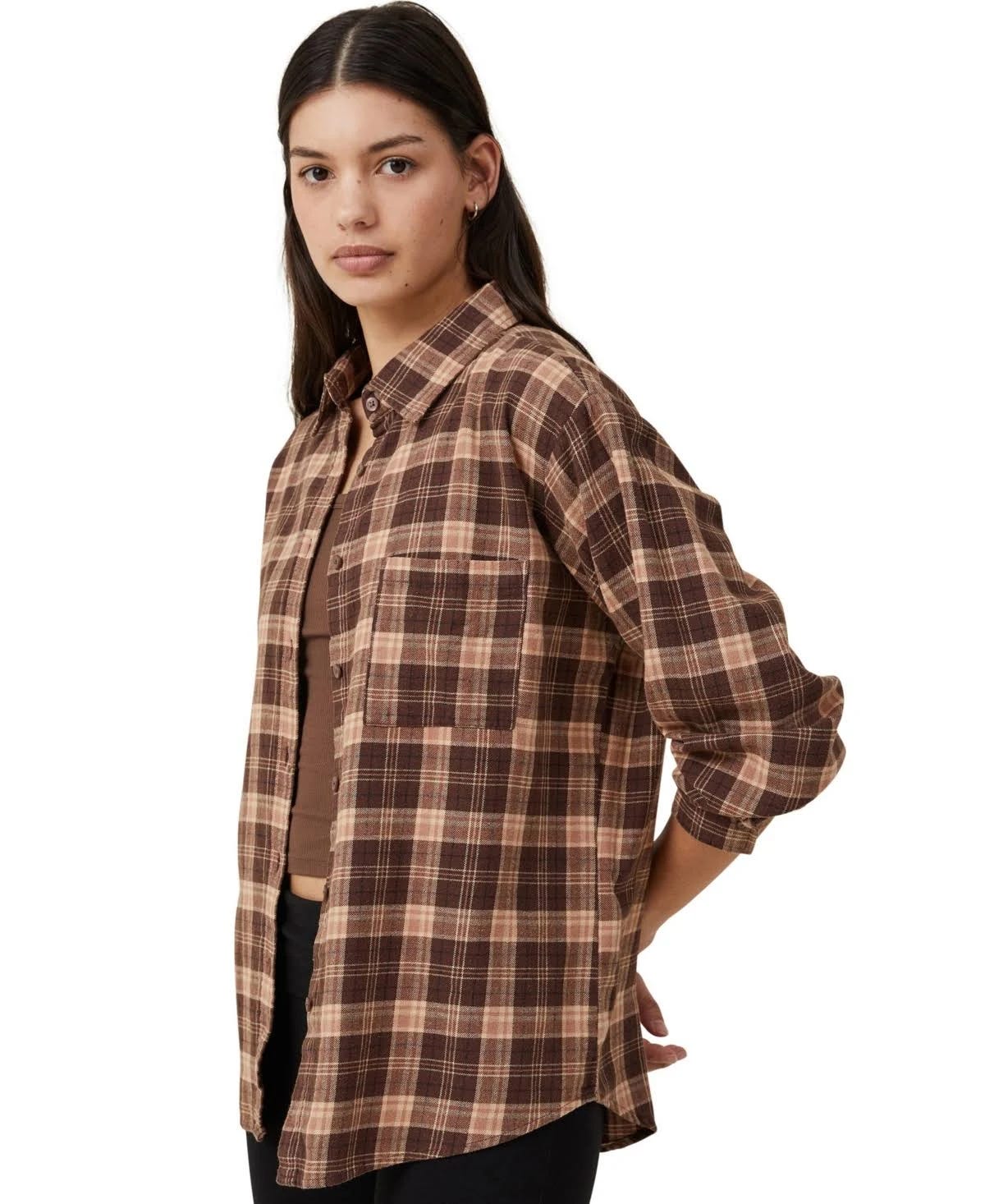 Soft Comfortable Women's Brown Flannel Shirt | Image