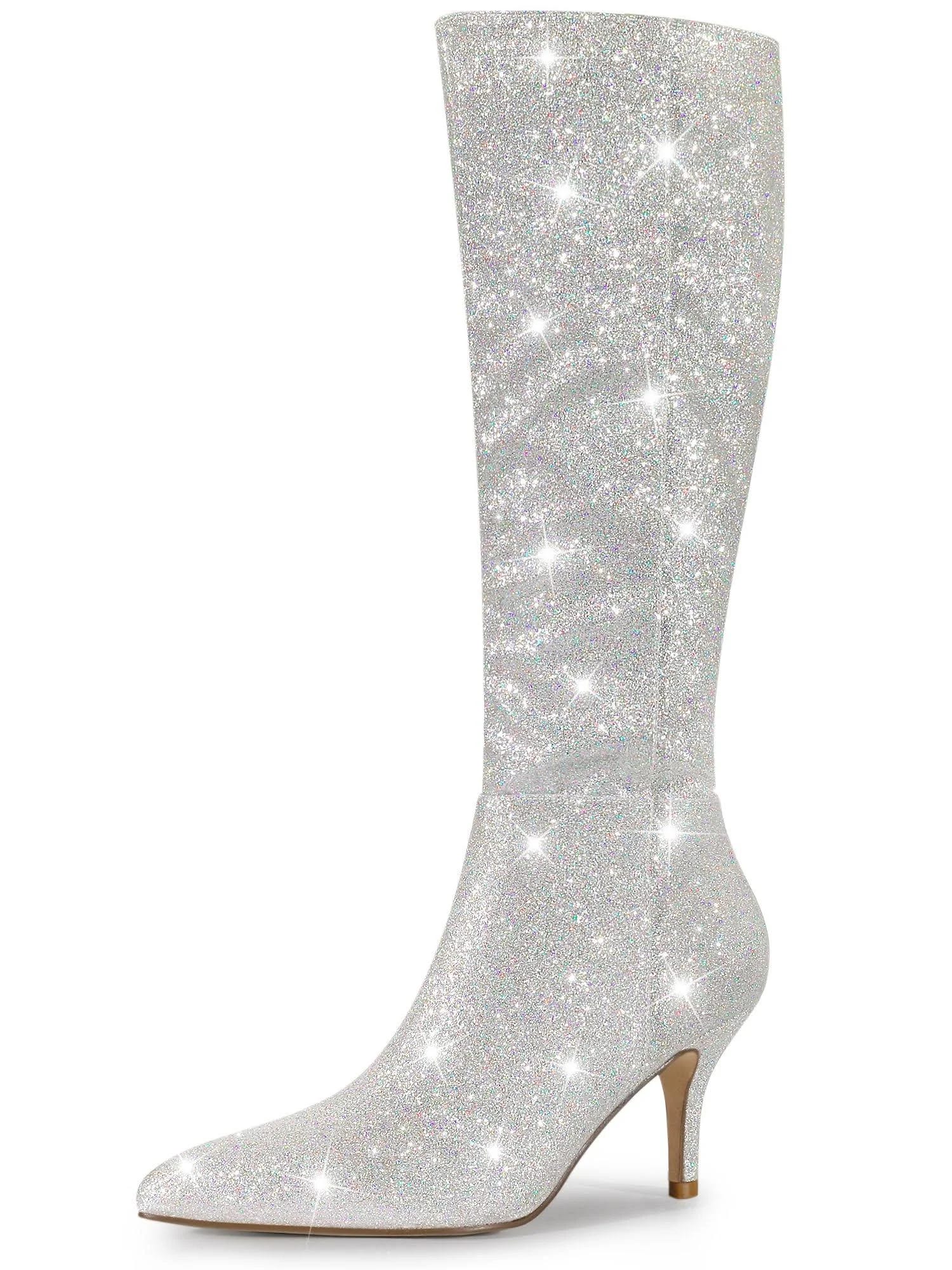 Chic Silver Glitter Side-Zip Knee High Boots with Stiletto Heel | Image