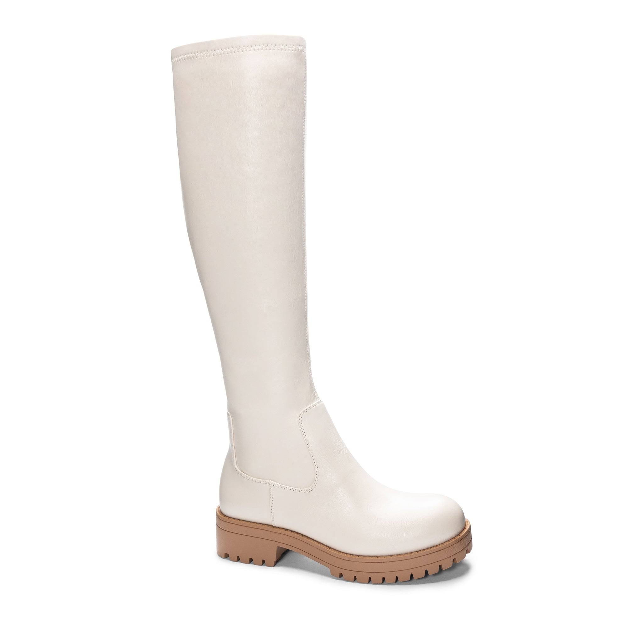 Stretchy Vegan Cream Suede Knee-High Boot with Lug Sole | Image