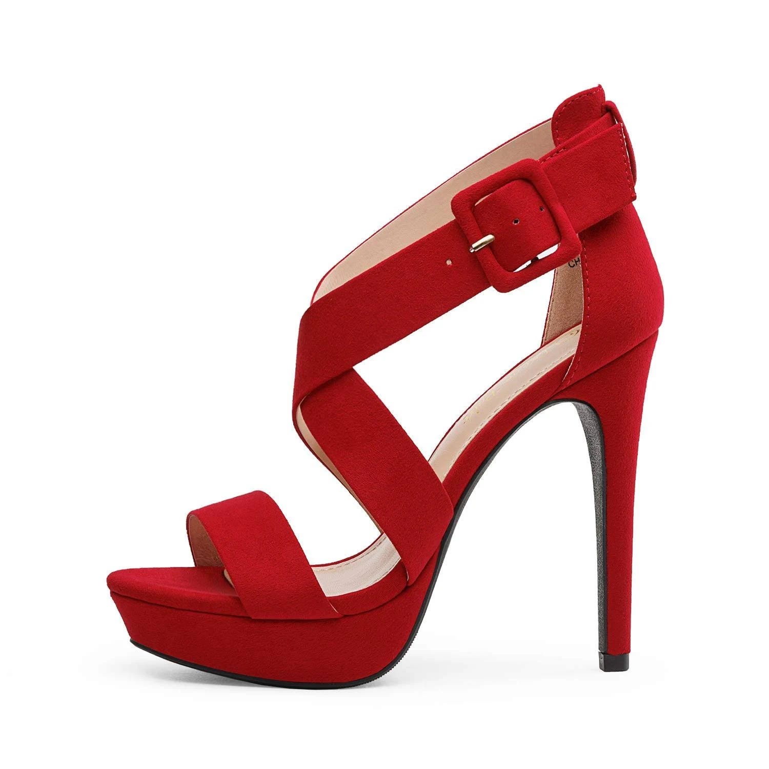 Stylish Crossed Strap Red High Heels with Adjustable Buckle | Image