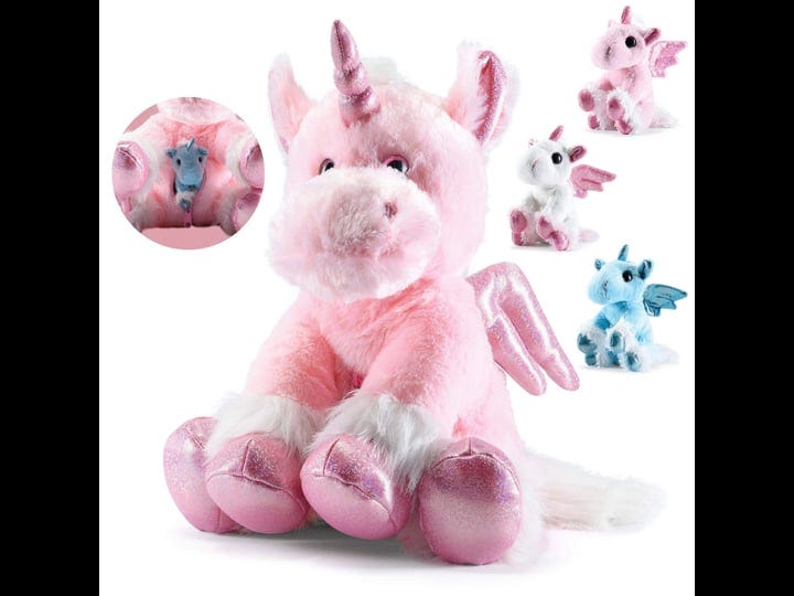 prextex-plush-unicorn-with-zippered-pouch-for-its-3-little-plush-baby-unicorns-plushlings-collection-1