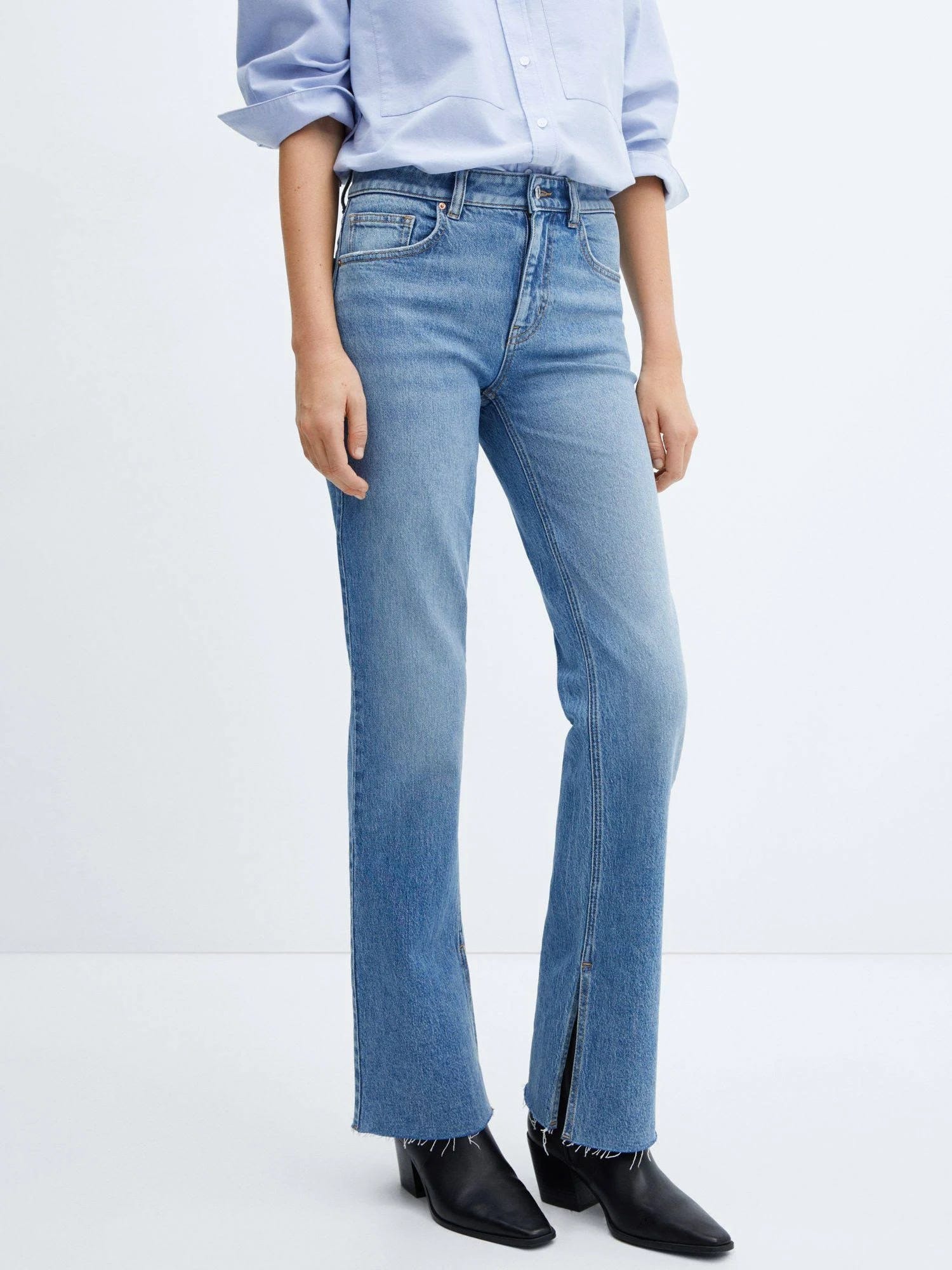 Mid Rise Split Hem Flare Jeans in Medium Blue | Image