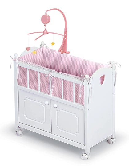 badger-basket-white-doll-crib-with-cabinet-bedding-and-mobile-1