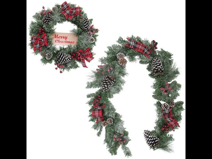 fraser-hill-farm-24-in-wreath-and-6-ft-garland-set-snow-flocked-with-pinecones-and-bows-1
