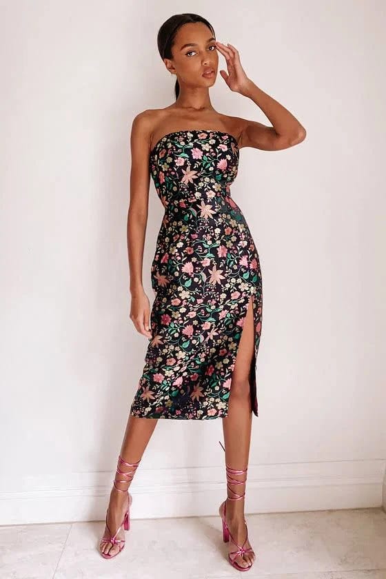 Floral Strapless Black Satin Midi Dress for Elegant Formal Occasions | Image