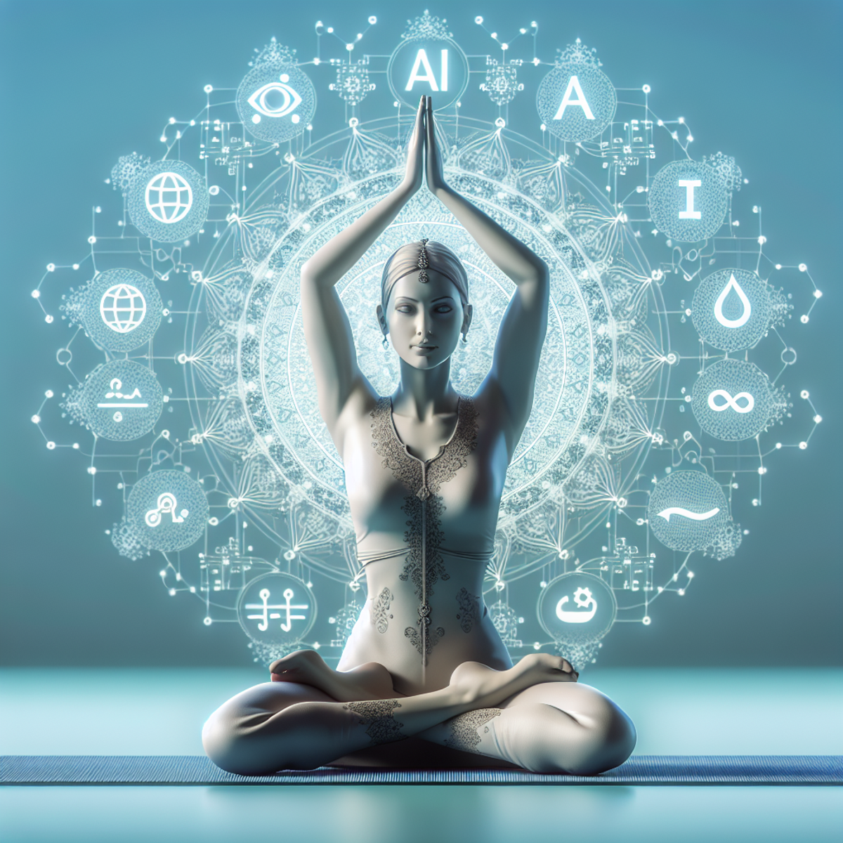 A Middle-Eastern woman in a yoga pose surrounded by AI technology symbols.