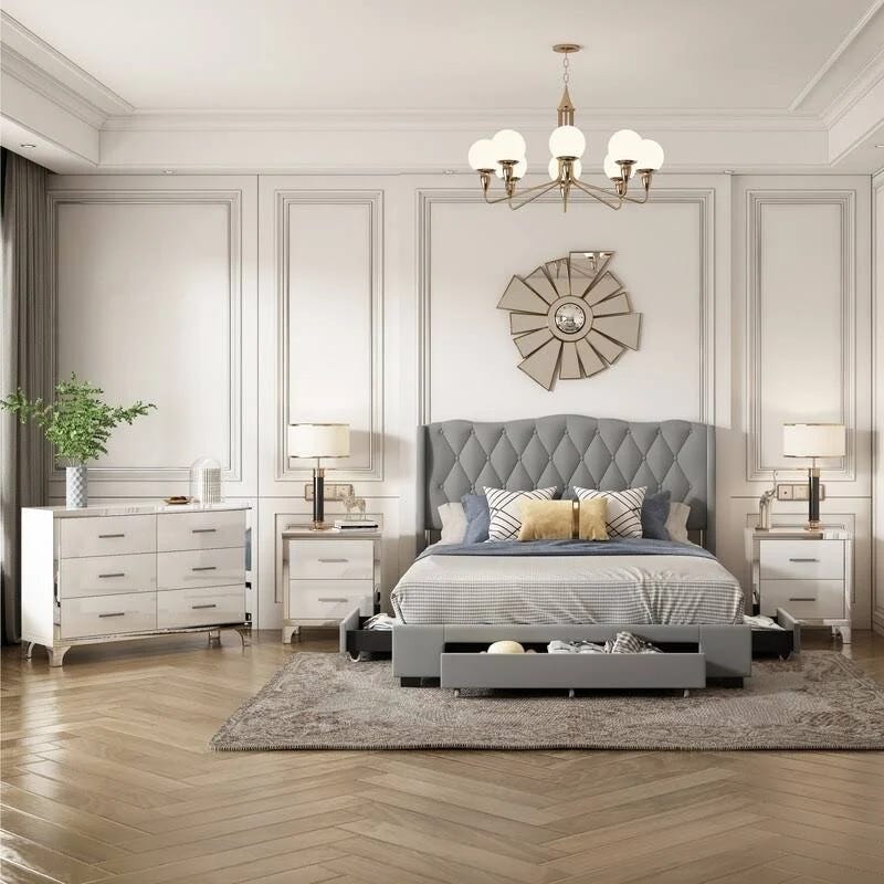 Grey Mirrored Bedroom Set - Queen Size with Nightstand and Dresser | Image
