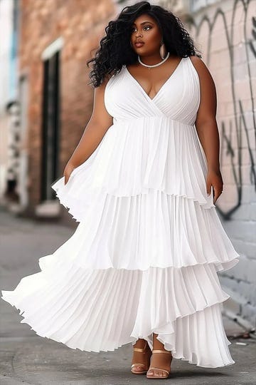 xpluswear-plus-size-wedding-white-v-neck-pleated-tiered-maxi-dresses-1