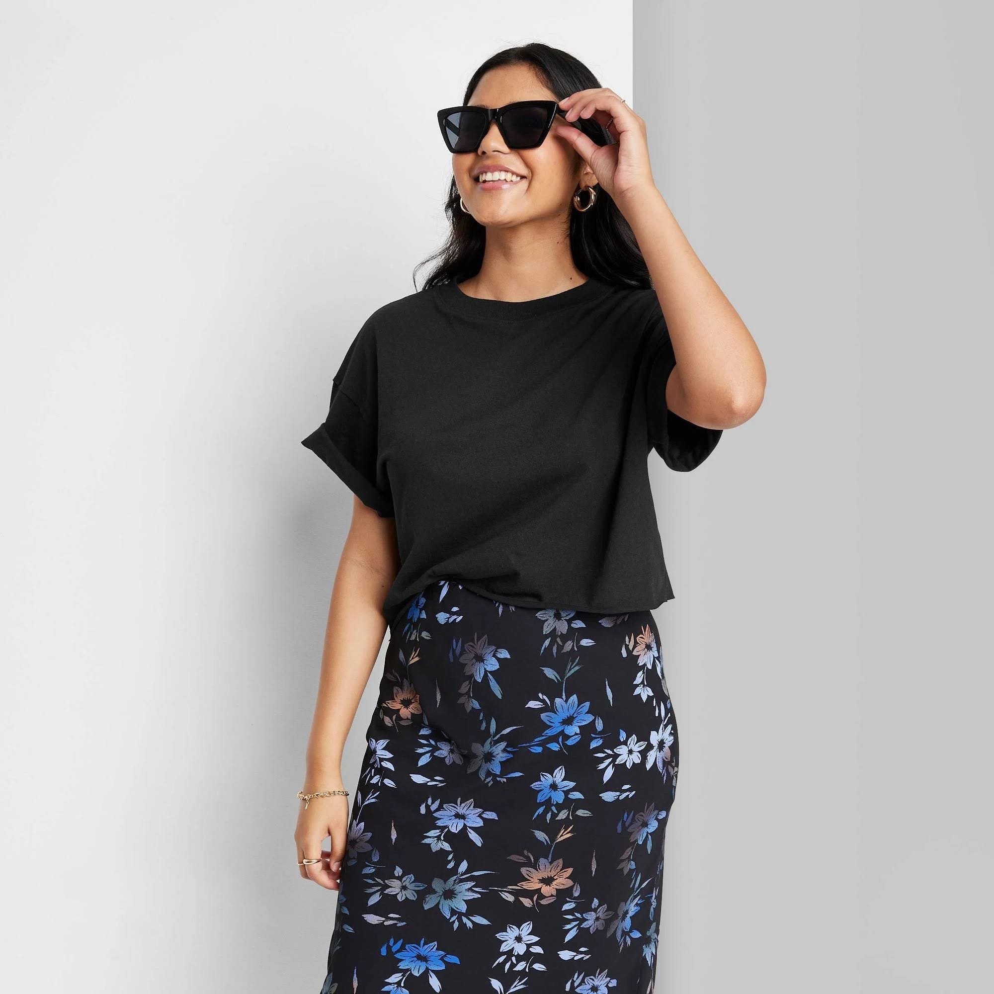 Wild Fable Women's Short Sleeve Cropped T-Shirt in Black | Image