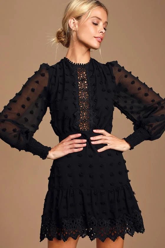 Elegant Black Lace Embroidered Long Sleeve Dinner Dress | Image